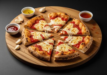 Delicious Pizza Slices with Melting Mozzarella on Wooden Board