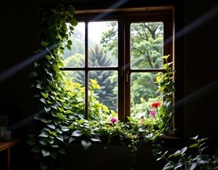 the image features a rustic, multi paned window, almost entirely engulfed by lush greenery, the window frame is a dark color
