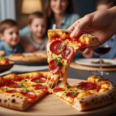 Hand Lifting Pepperoni Pizza Slice with Stretching Cheese