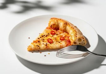Neapolitan Pizza Slice with Chili on White Plate and Fork