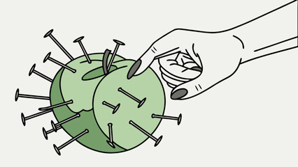 Green apple with nails illustration, hand touching fruit, danger concept, food safety, risk assessment, nail art