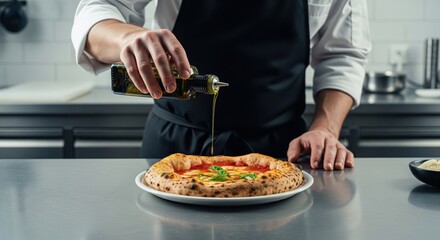 Chef Drizzling Olive Oil on Neapolitan Pizza in Professional Kitchen