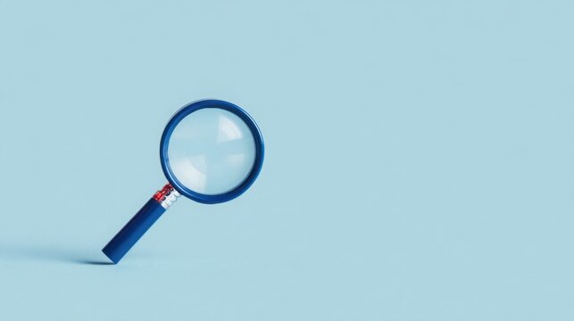 A blue magnifying glass is on a blue background