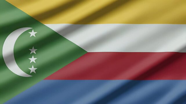 4K  animation of the Comoros flag waving, suitable for national events, presentations, and cultural displays. Can be used for backgrounds and educational content.