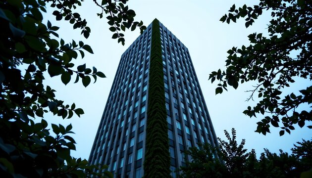 the primary focus of the image is a tall building framed by foliage, the structure is modern, defined by repetitive rows of windows that extend upwards