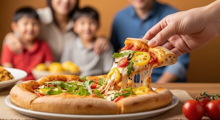 Asian family sharing a vegetarian pizza for dinner at home