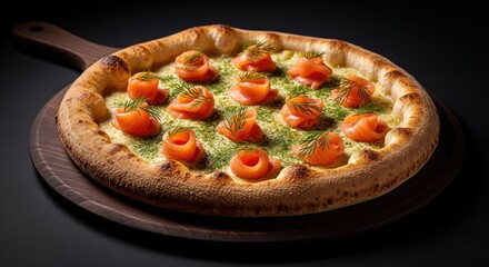 Gourmet pizza with smoked salmon, pesto, and cream cheese