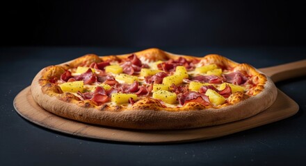Hawaiian pizza with pineapple and ham on a wooden peel