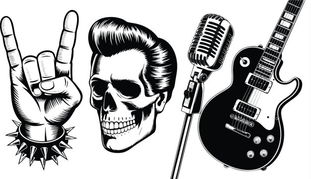 Rock and Roll Illustration Featuring Hand Horns, Greaser Skull, Vintage Microphone, and Electric Guitar