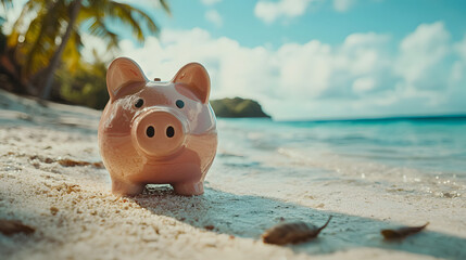 Save for Your Dream Vacation Piggy Bank on Tropical Beach