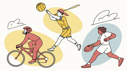 Sports activities illustration featuring cycling, basketball, and football for healthy lifestyle choices