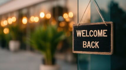 A sign hanging on a door that says "WELCOME BACK"