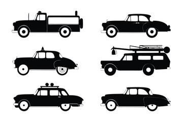 Classic Car Silhouettes Collection: A set of six classic car silhouettes, showcasing various body styles and vintage designs. Perfect for design projects that need a touch of retro charm.