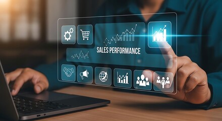 Analyzing Glowing Sales Performance Interface with a Modern Laptop on a Wooden Desk a Man in Teal Shirt Tech Forward