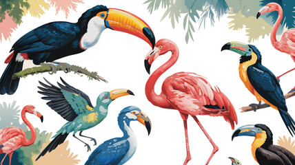 Fototapeta premium Watercolor Illustration of Exotic Birds Toucans, Flamingos, and Various Tropical Birds on a White Background