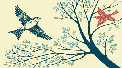 Vintage illustration of birds flying near a tree with leaves nature art print vector design element