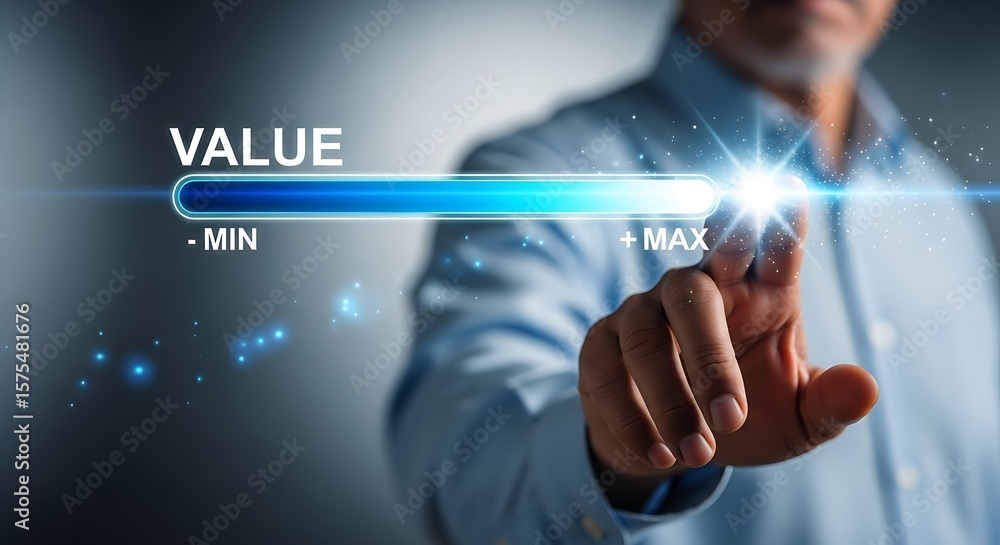 Poster maximizing value a sunlit digital slider glows as a focused hand confidently pushes towards the max 