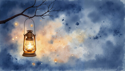 Vintage lantern hanging from branch against a blue watercolor background  