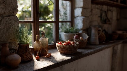 Rustic windowsill display with pottery, herbs, and fruits in a sunlit stone room.