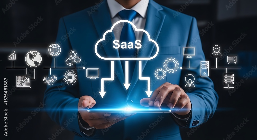 Poster a teal suited man holds a tablet ablaze with neon light connected to a saas cloud with icons efficie