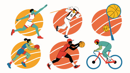 Sports athletes vector illustration: running, basketball, golf, cycling, and ball catching design