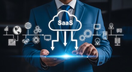 A teal suited man holds a tablet ablaze with neon light connected to a SaaS cloud with icons efficiency beaming in the