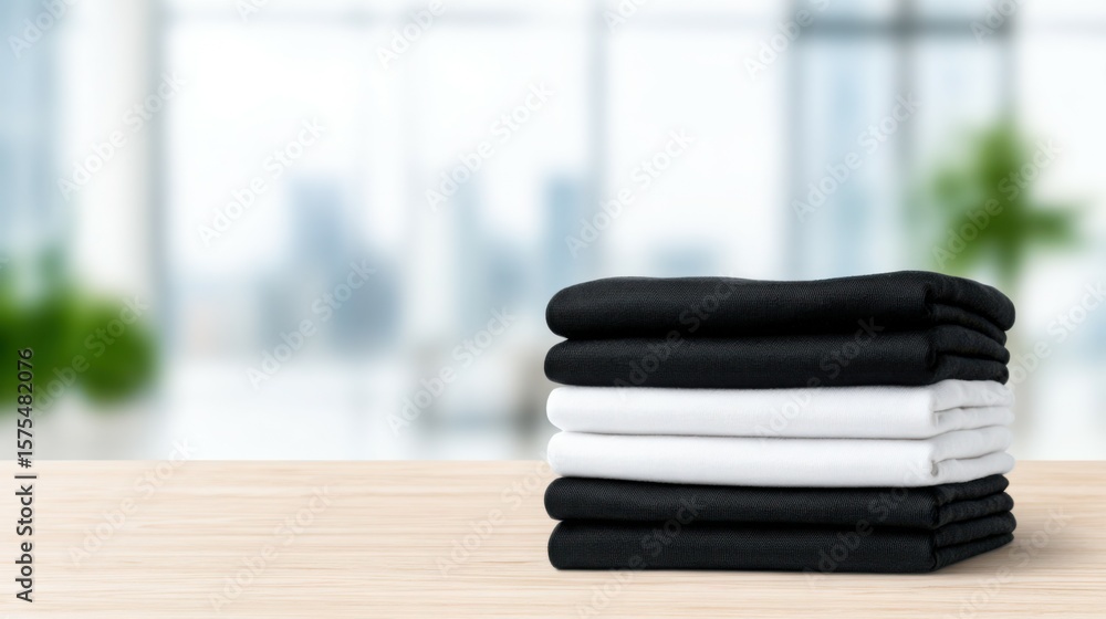 Poster a stack of towels on a table with a view of a city in the background