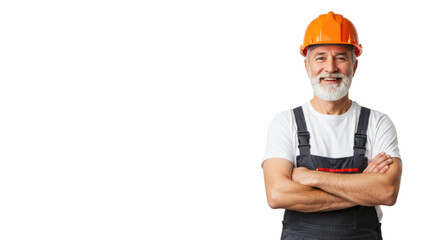 A confident senior caucasian man with a grey beard, wearing an orange hard hat and dark overalls, stands arms crossed in a brightly lit studio with a plain white background, ample negative space on