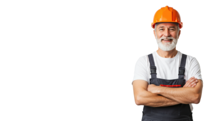 A confident senior caucasian man with a grey beard, wearing an orange hard hat and dark overalls, stands arms crossed in a brightly lit studio with a plain white background, ample negative space on
