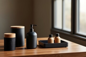 Black bathroom accessories with wood accents on wooden surface soap