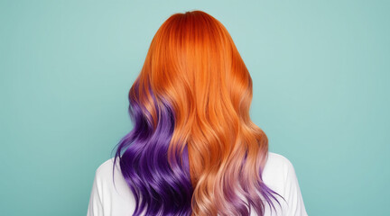 Vibrant Orange and Purple Hair Transformation Against a Light Blue Background