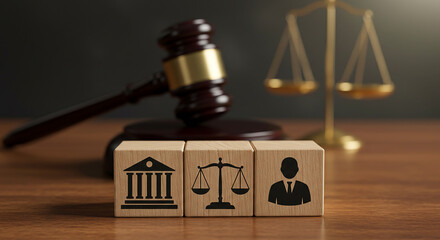 Justice and law concept with gavel scales of justice and court building symbol on wooden blocks