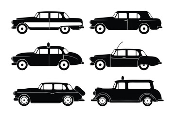Classic Car Silhouette: A collection of iconic vintage cars, rendered in sleek black silhouettes, showcases timeless automotive design. Evoking nostalgia and the golden age of motoring.