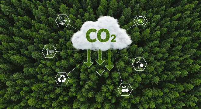 Aerial view of a dense green forest with a cloud displaying co2 and icons representing renewable energy and sustainability symbolizing carbon capture and environmental protection