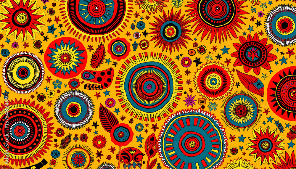 Poster colorful abstract patterns with circles and stars on yellow background