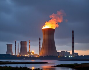 this image presents a scene dominated by tall, industrial structures, the central focus is a large, cylindrical tower with a wide