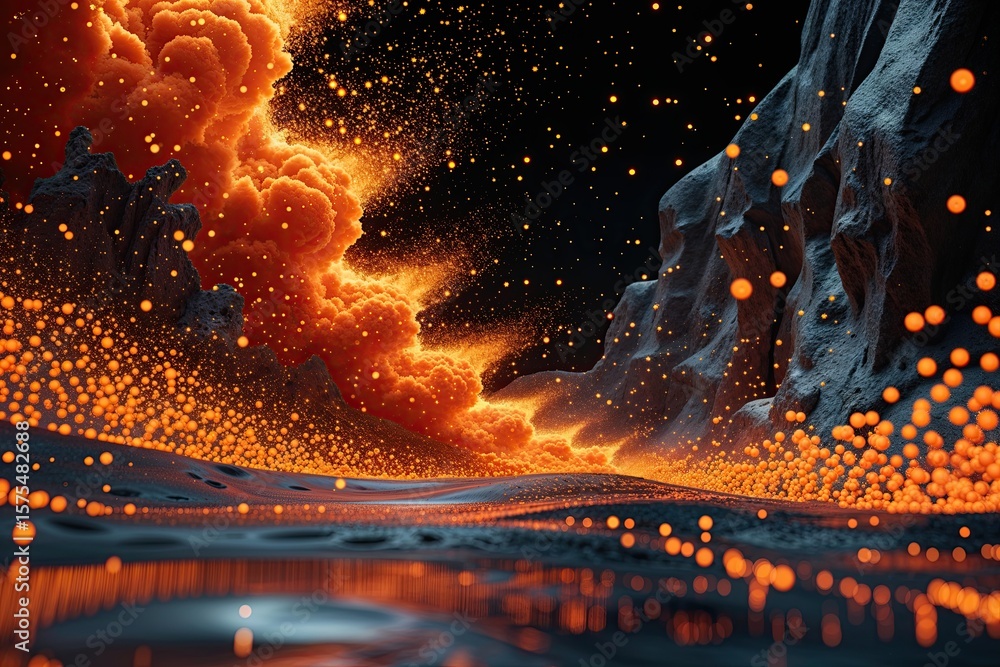 Poster experimental technology background with vibrant orange particles and dynamic flow
