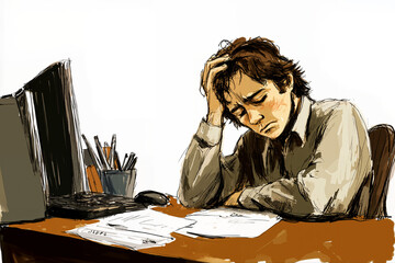 color sketch of a sad employee staying late and sad in the office, white background, art