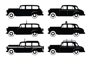 Fototapeta premium Classic Car Silhouettes: A compilation of vintage cars in silhouette form, ideal for design projects related to travel, transport and automotive industries. 