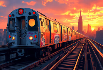 A subway train with graffiti on the tracks, in the background is a city, a metropolis at sunset.