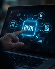 Finger touches a digital screen displaying the word risk