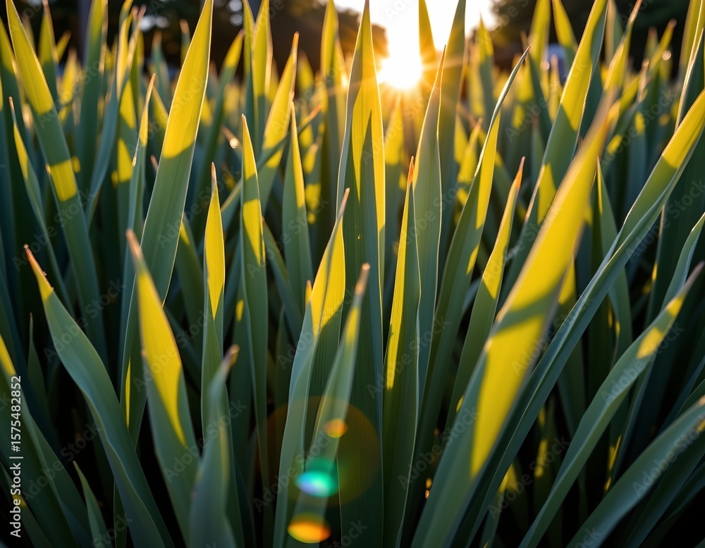 Poster the image features a close up of tall, green plants with pointed leaves, the leaves are the main sub