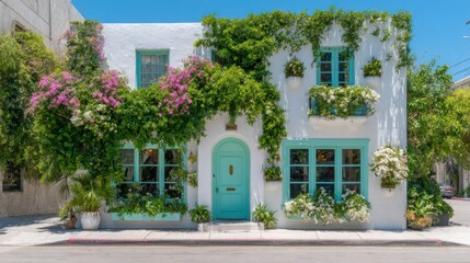 Obraz premium A house with a blue door and green trim