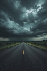 A long road stretches into the distance under a stormy sky