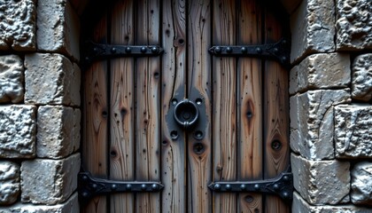 the image features a weathered, aged wooden door as its central subject, framed on either side by textured stone, the door is constructed from vertical planks
