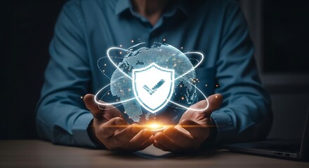 Safeguarding the Globe Luminous digital shield with a checkmark held gently above open hands soft golden glow under the