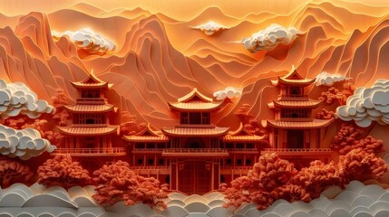 オレンジ色の山々と古代の中国建築の芸術的な描写と伝統的な要素と文化的要素