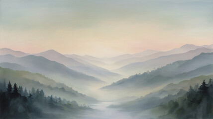 Fototapeta premium Abstract landscape painting in soft pastel tones depicting a foggy morning with delicate mountain silhouettes. Serene artwork perfect for modern interiors and wall décor.