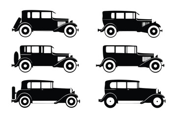 Vintage Car Silhouettes: A collection of classic cars presented in stark black silhouettes, capturing the timeless elegance and iconic design of a bygone era.