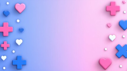 A pink and blue background with a lot of hearts and crosses